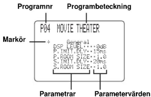 Programnr Programbeteckning P04 MOVIE THEATER Markör + General DSP LEVEL: 0dB P.INIT.DLY: 15ms P.ROOM SIZE: 1.0 S.INIT.DLY: 20ms S.ROOM SIZE: 1.0 Parametrar Parametervärden