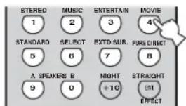 STEREO 1 STANDARD 5 A SPEAKERS B 9 MUSIC 2 SELECT 6 MUSIC 0 ENTERTAIN 3 EXTD SUR. 7 NIGHT +10 MOVIE 4 PURE DIRECT 8 STRAIGHT ENT EFFECT
