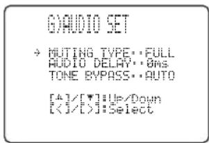 G/AUDIO SET → MUTING TYPE:•FULL AUDIO DELAY:•0ms TONE BYPASS:•AUTO [4]/[7]•Up/Down [<1>/[1]:Select
