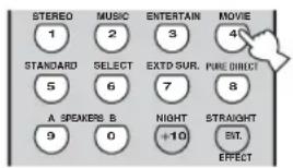 STEREO 1 STANDARD 5 A SPEKERS B 9 MUSIC 2 SELECT 6 MUSIC 2 ENTERTAIN 3 EXTD SUR. 7 NIGHT +10 MOVIE 4 PURE DIRECT 8 STRAIGHT EST. EFFECT