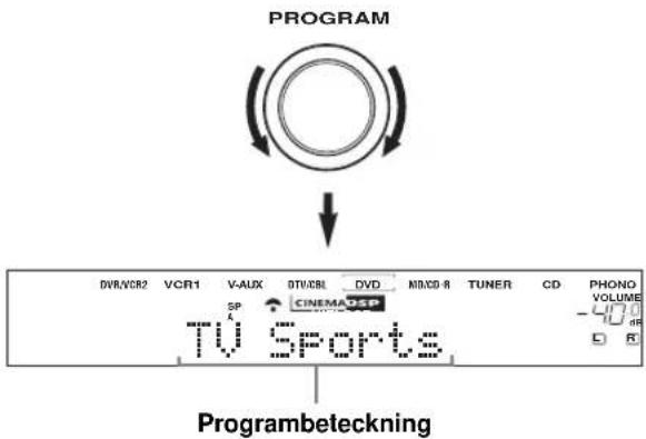 PROGRAM DVR/VCR2 VCR1 V-AUX DTV/CBL DVD N/A/CD-R TUNER CD PHONO VOLUME SP CINEMA DSP TV Sports Programbeteckning