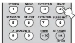 STEREO 1 MUSIC 2 ENTERTAIN 3 MOVIE 4 STANDARD 5 SELECT 6 EXTD SUR. 7 PURE DIRECT 8 A. SPEAKERS B 9 0 NIGHT +10 STRAIGHT EMI. EFFECT