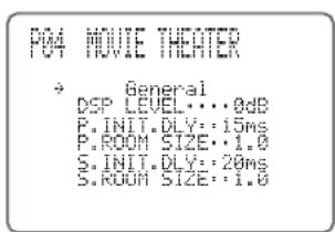P04 MOVIE THEATER → General DSP LEVEL...0dB P.INIT.DLY:15ms P.ROOM SIZE:1.0 S.INIT.DLY:20ms S.ROOM SIZE:1.0