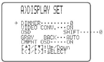 A)DISPLAY SET → TIMER:............0 VIDEO CONV. ...ON OSD SHIFT = 0 GRAY BACK... AUTO CMPNT OSD = ...ON [+] [▼] UP/Down [<]/[×] SELECT
