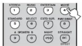 STEREO 1 2 MUSIC 3 4 ENTERTAIN MOVIE STANDARD 5 SELECT 6 EXTD SUR. 7 PURE DIRECT 8 A. SPEKERS B 9 0 NIGHT +10 STRAIGHT BIT. EFFECT