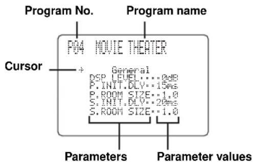 Program No. Program name P04 MOVIE THEATER Cursor + General DSP LEVEL: 0dB P.INIT.DLV: 15ms P.ROOM SIZE: 1.0 S.INIT.DLV: 20ms S.ROOM SIZE: 1.0 Parameters Parameter values