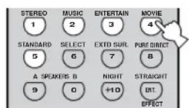 STEREO 1 STANDARD 5 A SPEAKERS B 9 MUSIC 2 SELECT 6 MUSIC 0 ENTERTAIN 3 EXTD SUR. 7 NIGHT +10 MOVIE 4 PURE DIRECT 8 STRAIGHT INT. EFFECT
