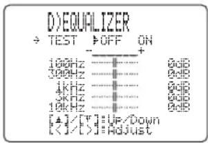 D) EQUALIZER → TEST → OFF ON 100Hz ————————+ 300Hz ————————+ 4kHz ————————+ 5kHz ————————+ 10kHz ————————+ [▲]/[▼] Up/Down [<]/[>] Adjust
