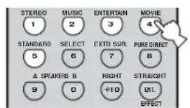 STEREO 1 STANDARD 5 A SPEAKERS B 9 MUSIC 2 SELECT 6 MUSIC 0 ENTERTAIN 3 EXTD SUR. 7 NIGHT +10 MOVIE 4 PURE DIRECT 8 STRAIGHT BIT. EFFECT