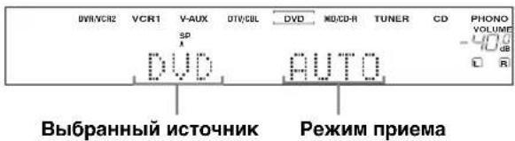 DVH/VCIR2 VCR1 V-AUX DTV/CBL DVD MD/CD-R TUNER CD PHONO VOLUME - 40 dB L R DVD AUTO Выбранный источник Режим приема