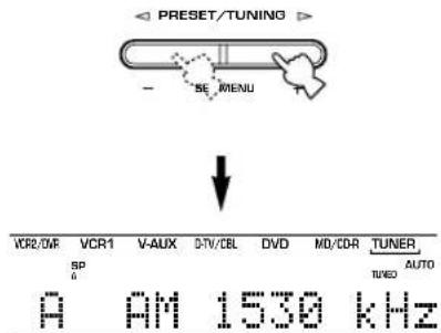 PRESET/TUNING SE MENU VCR/OR VCR1 V-AUX DTV/CBL DVD MD/CDR TUNER SP TUNO AUTO A AM 1530 kHz