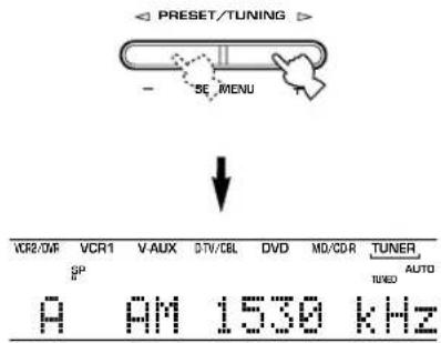PRESET/TUNING SE MENU VCR2/OMF VCR1 V-AUX DTV/CBL DVD MD/CD-R TUNER SP TURD AUTO A AM 1530 kHz