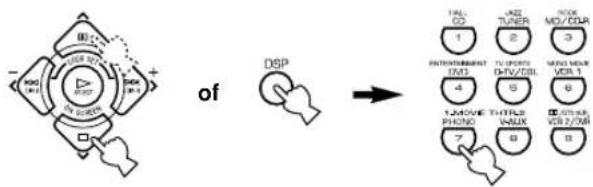 YAMAHA RXV620RDS - Druk herhaaldelijk op ∧/∨ totdat het huidige DSP-programma wordt afgebeeld of druk eenvoudigweg op een van de DSP-programmagroeptoetsen om het INSTELMENU te verlaten. - 1