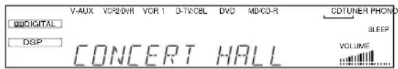 V-AUX VCR2/DR VCR 1 D-TW/CBL DVD MD/CD-R CDTUNER PHOND DDIGITAL DSP CONCERT HALL SLEEP VOLUME
