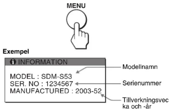 SONY SDMS53 - Visa informationen för den här bildskärmen När bildskärmen tar emot en videosignal trycker du in MENU-knappen under mer än 5 sekunder tills informationsrutan visas. - 1