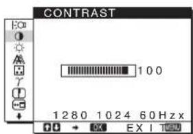 CONTRAST 100 1280 1024 60 Hz x 00 → OK EX | 1000