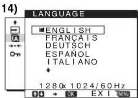 14) LANGUAGE ■ ENGLISH FRANÇAIS DEUTSCH ESPAÑOL ITALIANO + 1 280x 1024/60 Hz OK EX I TURU