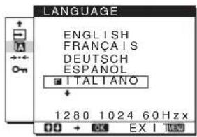 LANGUAGE ENGLISH FRANÇAIS DEUTSCH ESPANOL ITALIANO 1280 1024 60Hz x DO → OK EX I TURU