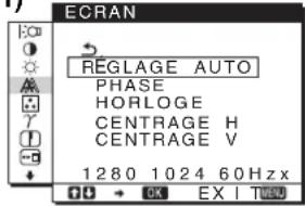 ECRAN REGLAGE AUTO PHASE HORLOGE CENTRAGE H CENTRAGE V 1280 1024 60Hz x OK EX I THU3D