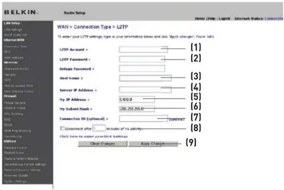 BELKIN Wireless G Plus MIMO Route - Définition du type de connexion du FAI à L2TP (Layer 2 Tunneling Protocol) - 1
