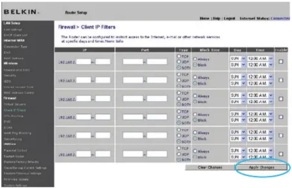 BELKIN Wireless G Plus MIMO Route - Définition de filtres IP de clients - 1