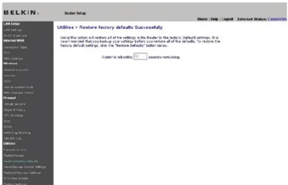 BELKIN Wireless G Plus MIMO Route - Utilities > Restore Factory Defaults - 3