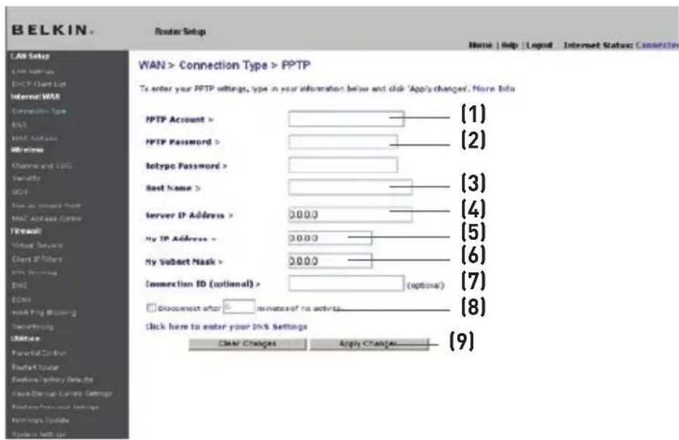BELKIN Wireless G Plus MIMO Route - Définition du type de connexion du FAI à PPTP (Point-to-Point Tunneling Protocol) [Europe seulement] - 1