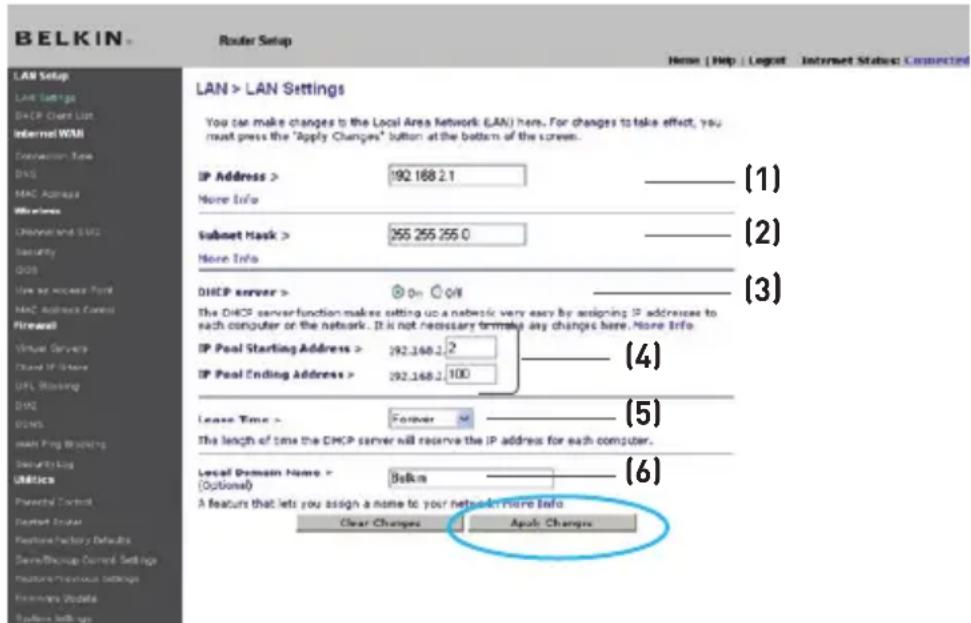 BELKIN Wireless G Plus MIMO Route - Modification des paramètres de réseau local (LAN) - 1