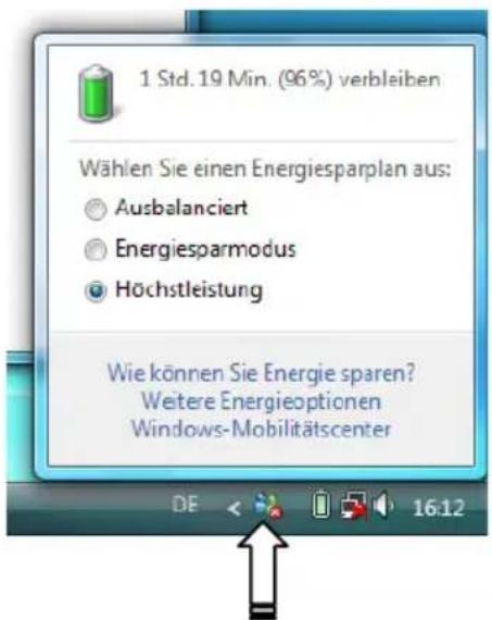 1 Std. 19 Min. (96%) verbleiben Wählen Sie einen Energiesparplan aus: Ausbalanciert Energiesparmodus Höchstleistung Wie können Sie Energie sparen? Weitere Energieoptionen Windows-Mobilitätscenter