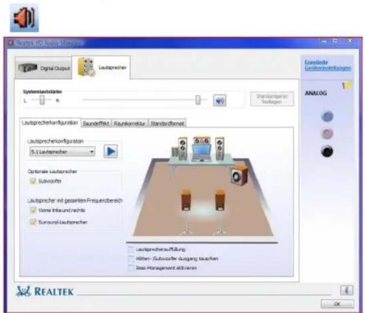 Realtek HD Audio Manager Digital Output Lautsprecher Systemlaufstärter L K Standardplanar Anlagen Lautsprecherkonfiguration Saundefekt Raumkorrektur Standardplanat Lautsprecherkonfiguration 5.3 Lautsprecher Optionale Lautsprecher Subwoofer Lautsprecher mit gesamten Frequenzbereich Vorne Inkau und rechts Surround-Lautsprecher Lautsprecherauführung Mitten- Subsorderung ausgang tausiken Stasi-Management aktivieren ANALOG REALTEK OK