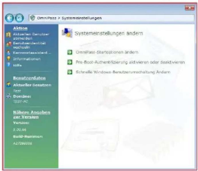 OmniPass > Systemeinstellungen Aktion Aktuellien Benutzer abmelden Benutzerdienität wachseln Kernwertkassanteil... Informationen höfe Benutzerdaten Aktueller Benutzen Test Domain: TEST-PC Nähere Angaben zur Version Version: 5.00,66 Build-Rumeners A27280006 Systemeinstellungen ändern OmniPass-Startoptionen ändern Pre-Boot-Authentifizierung aktivieren oder deaktivieren Schnelle Windows-Benutzerumschaltung Ändern