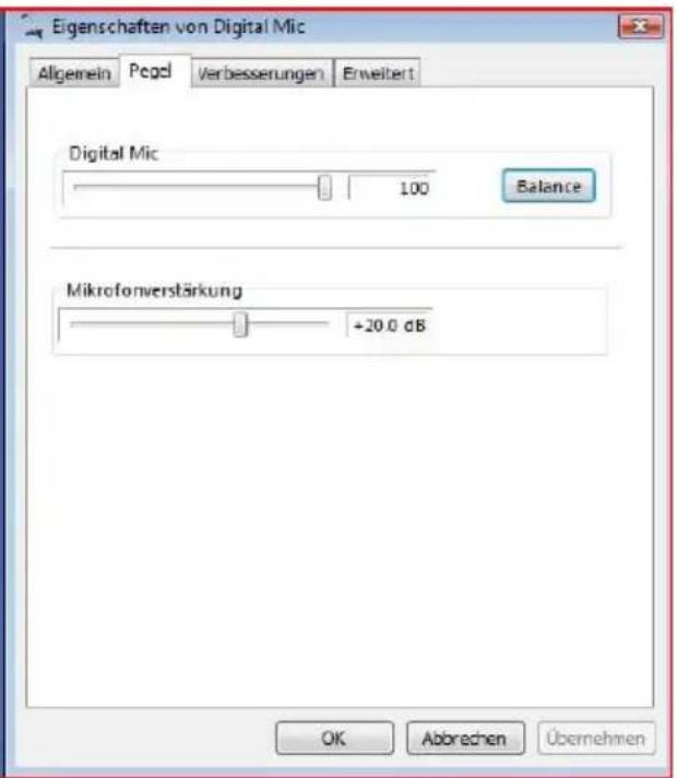 Eigenschaften von Digital Mic Allgemein Pogel Verbesserungen Erweitert Digital Mic 100 Balance Mikrofonverstärkung +20.0 dB OK Abbrevchen Übernehmen