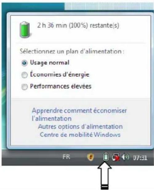 2 h 36 min (100%) restante(s) Sélectionnez un plan d'alimentation : • Usage normal • Économies d'énergie • Performances élevées Apprendre comment économiser l'alimentation Autres options d'alimentation Centre de mobilité Windows FR 07:31