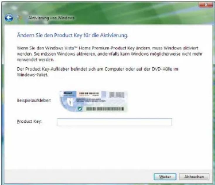 Aktivierung von Windows Ändern Sie den Product Key für die Aktivierung. Wenn Sie den Windows Vista™ Home Premium-Product Key ändern, muss Windows aktiviert werden. Sie müssen Windows aktivieren, andernfalls kann Windows möglicherweise nicht mehr verwendet werden. Der Product Key-Aufkleber befindet sich am Computer oder auf der DVD-Hülle im Windows-Paket. Beispielaufleber: Product Key: