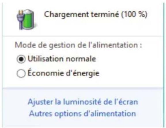 Chargement terminé (100 %) Mode de gestion de l'alimentation : ● Utilisation normale ○ Économie d'énergie Ajuster la luminosité de l'écran Autres options d'alimentation