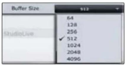 PRESONUS StudioLive 24.4.2AI - Sélecteur Buffer Size (PC uniquement) Change la taille de mémoire tampon de StudioLive. - 1