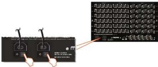 Diagram showing two electrical switch terminals connected to a grid of 32-pin connectors, with a magnified view highlighting the connection point.