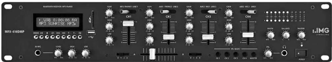Monacor MPX410DMP - Stereo DJ Mixer with Audio Player and Bluetooth Receiver - 1