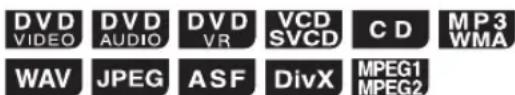 DVD VIDEO DVD AUDIO DV VR VCD SVCD CD MP3 WMA WAV JPEG ASF DivX MPEG1 MPEG2