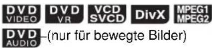 DVD VIDEO DVD VR VCD SVCD DivX MPEG1 MPEG2 DVD AUDIO (nur für bewegte Bilder)