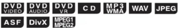DVD VIDEO DVD AUDIO DV VR CD MP3 WMA WAV JPEG ASF DivX MPEG1 MPEG2