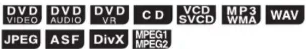DVD VIDEO DVD AUDIO DVD VR C D VCD SVCD MP3 WMA WAV JPEG ASF DivX MPEG1 MPEG2