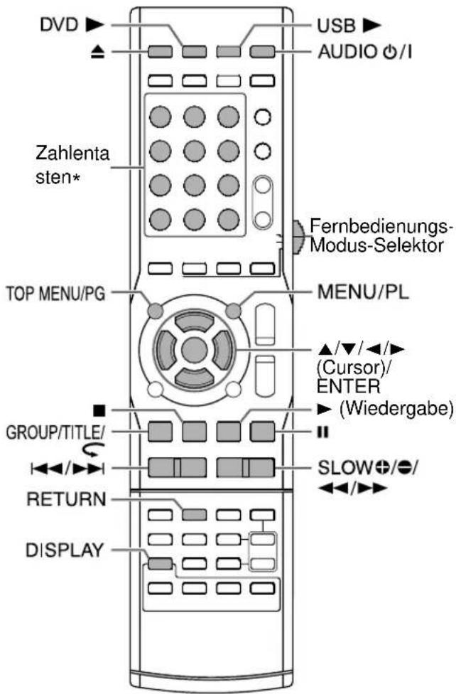 DVD USB AUDIO Ø/I Zahlenta sten* Fernbedienungs-Modus-Selektor TOP MENU/PG MENU/PL ▲/▼/◄/► (Cursor)/ ENTER ► (Wiedergabe) GROUP/TITLE/ SLOW⊕/●/ ◄◄/►►►►►►►►►►►►►►►►►►►►►►►►►►►►►►►►►►►►►►►►►►►►►►►►►►►►►►►►►►►►►►►►►►►►►►►►►►►►►►►►►►►►►►►►►►►►►►►►►►►► ► RETURN DISPLAY