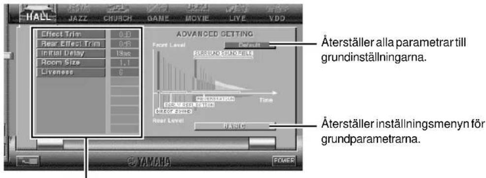 HALL JAZZ CHURCH GAME MOVIE LIVE YDD Effect Trim 0.0 Rear Effect Trim 0.6 Initial Delay 13ms Room Size 1.1 Liveness 0 ADVANCED GETTING Front Level Default Äterställer alla parametrar till grundinställningarna. Äterställer inställningsmenyn för grundparametrarna. Rear Level BASIC YAMAHA POWER