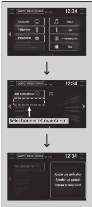 Honda Civic (2016) - ■ Pour ajouter des icônes d'applications ou de gadgets logiciels à l'écran d'accueil Les icônes d'applications ou de gadgets logiciels peuvent être ajoutées à l'écran d'accueil. - 1