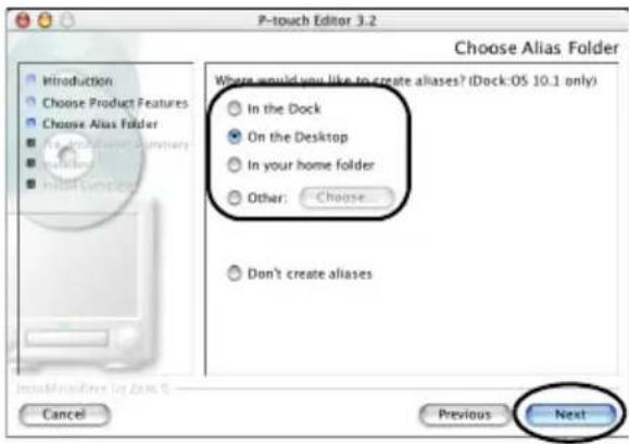 BROTHER PTouch 9500PC - Selectionnez l'emplacement de creation de l'alias, puis cliquez sur [Next]. - 1