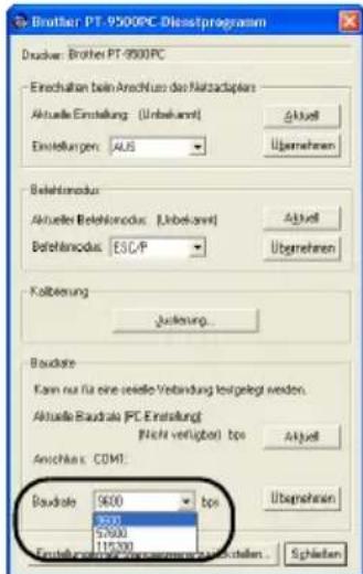 BROTHER PTouch 9500PC - Übertragungsgeschwindigkeit (Baudrate) des Computers und des P-touch 9500pc einstellen - 16