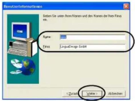 BROTHER PTouch 9500PC - Geben Sie ihren Benutzer- und Firmen-namen ein und klichen Sie dann auf die Schaltfläche [Weiter]. - 1