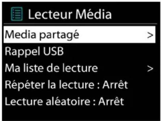 Lecteur Média Media partagé > Rappel USB Ma liste de lecture > Répéter la lecture : Arrêt Lecture aléatoire : Arrêt