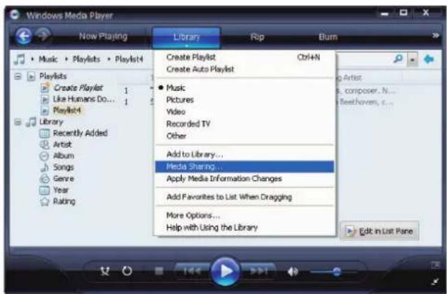 Windows Media Player Now Playing Library Rip Burn Music • Playlists • Playlist4 Create Playlist Ctrl+N Create Auto Playlist ● Music Pictures Video Recorded TV Other Add to Library... Media Sharing... Apply Media Information Changes Add Favorites to List When Dragging More Options... Help with Using the Library